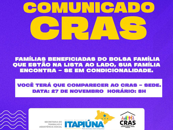 Atenção às famílias beneficiadas do Bolsa Família em Itapiúna!